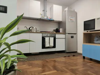 a kitchen with white appliances and a potted plant at Susy's home in Palermo