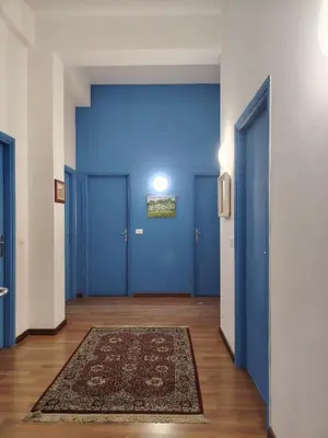 a hallway with blue doors and a rug at FALSTAFF 2 Apartment in Palermo