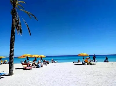 a group of people sitting under umbrellas on a beach at L' arcobaleno in Castelluzzo