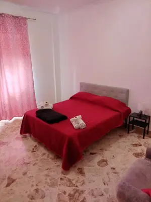 a bedroom with a red bed with a red blanket at Framamired in Palermo