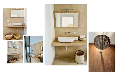 a collage of four pictures of a bathroom with a sink at Curina Boutique Stay - Luxury Villa in the Sicilian Countryside in Castellammare del Golfo