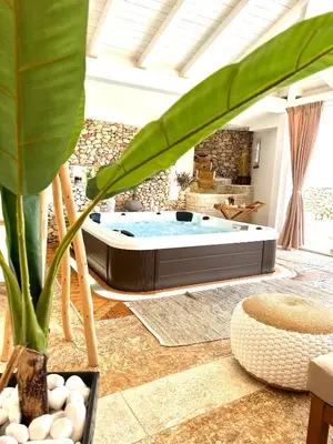 a hot tub in a living room with a plant at Villa esclusiva Milazzo Annarita in Castellammare del Golfo