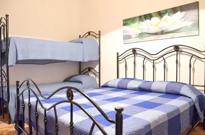 a bedroom with a bed with a blue and white checkered blanket at La Grande Palma in Castelluzzo