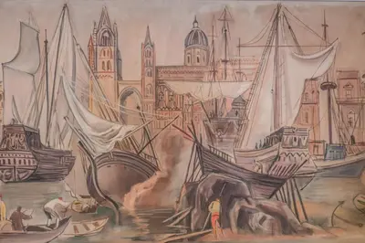 a painting of a harbor with boats in the water at Hotel Mediterraneo in Palermo
