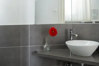 a red flower in a vase next to a sink at Le case di Frelli in Palermo