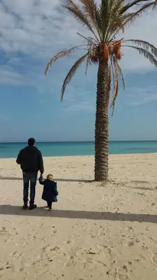 a man walking on the beach next to a palm tree at Il Peperoncino in San Vito lo Capo