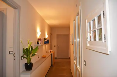 a hallway with a staircase with a window and a plant at Duca di Villena in Palermo