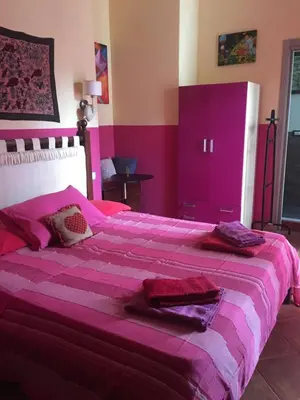 a pink bedroom with a large bed with purple sheets at Mondello Room in Mondello