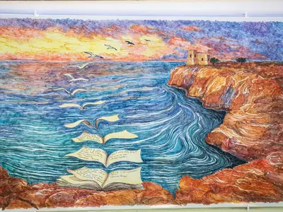 a painting of a book in the water with birds at Tra Le Braccia di Morfeo in Terrasini