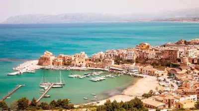 an aerial view of a harbor with boats in the water at Orange House a Castellammare del Golfo in Castellammare del Golfo