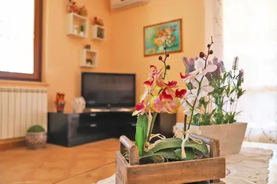a wooden planter with flowers on a table in a living room at Lucy's cottage in Cinisi