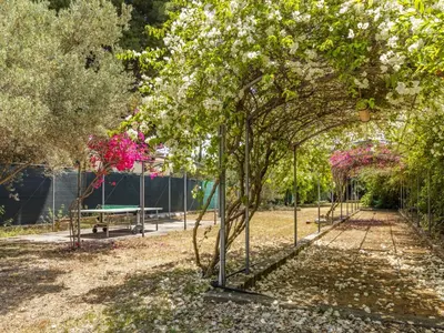 a park with trees with pink flowers and a bench at Apartment Cicladi Milos by Interhome in Santa Flavia