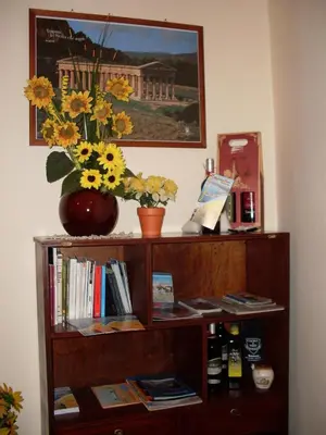 a book shelf with a vase of flowers on it at Nonna Giò House in Castellammare del Golfo