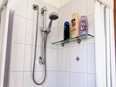 a shower in a bathroom with two shelves on the wall at Grazioso appartamento nel cuore di Palermo in Palermo