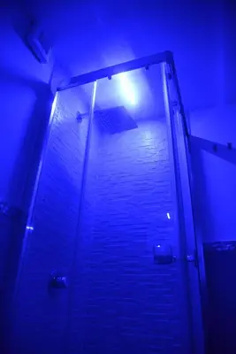 a shower with a blue light in a bathroom at Palazzo Torre Apartment in Palermo