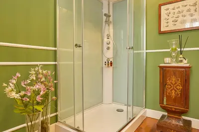 a shower in a bathroom with a vase of flowers at Dimora dei Leoni in Palermo
