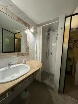 a bathroom with a sink and a shower and a mirror at Voile Rouge in Palermo