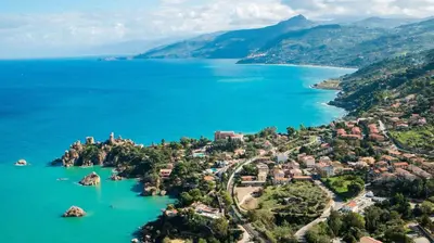 an aerial view of a small island in the water at Villa Arvilla with Private POOL in Campofelice di Roccella