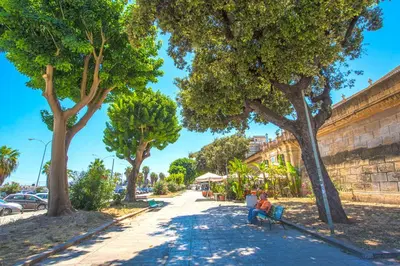 a person sitting on a bench in a park with trees at Amazing Sea View in Historic Building in Downtown by Wonderful Italy in Palermo