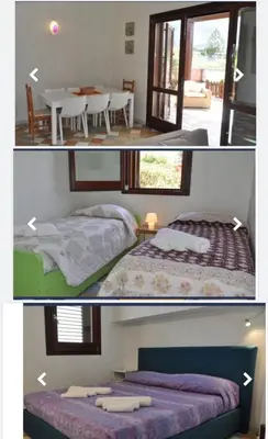 two pictures of a bedroom with a bed and a dining room at Villa Le Meraviglie in San Vito lo Capo