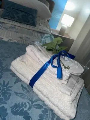 a pile of towels with a plant on top of a bed at appartamento residence via giardini Acquamarina in San Vito lo Capo