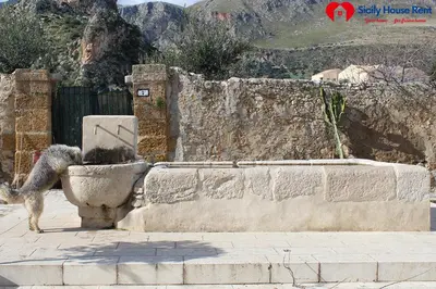a dog drinking out of a stone fountain at Borgo Aranci - Appartamento in Villa Garofalo - 15B in Castellammare del Golfo