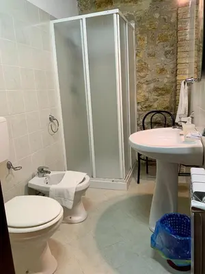 a bathroom with a shower and a toilet and a sink at Agriturismo Sant'Agata in Piana degli Albanesi