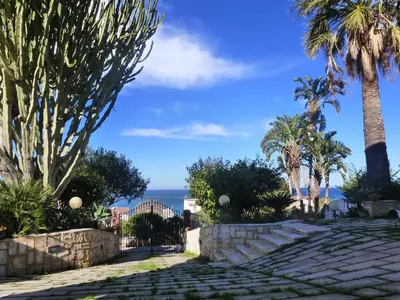 a path with palm trees and the ocean in the background at Casa Calendule in Alcamo Marina