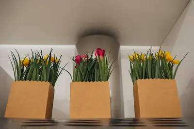 three brown paper bags with flowers in them on a table at Via Vittorio Emanuele Apartment in Palermo