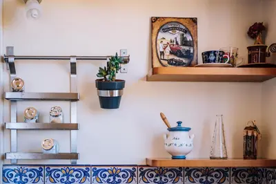 a room with shelves and a table with a plant at Villa Zabbara Capo Zafferano in Bagheria
