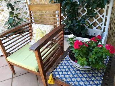 a chair and two potted plants on a patio at La stanza di Angi a Mondello in Palermo