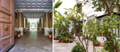 two pictures of a hallway with plants and a building at T-home / Stylish apartment Palermo center in Palermo