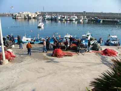 a group of people standing around a marina with boats at Casa sul mare in Isola delle Femmine