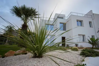 a white house with palm trees in front of it at Zabbàra B&B in Terrasini