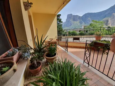 a balcony with potted plants and a view of a mountain at La Locanda del Cedro in Palermo
