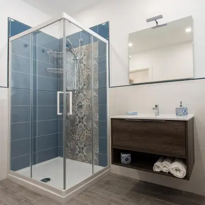 a bathroom with a shower and a sink at Villa Aurora Mondello Addaura in Mondello