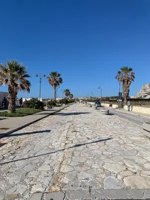 a cobblestone street with palm trees in the distance at Bed Ponente in Isola delle Femmine