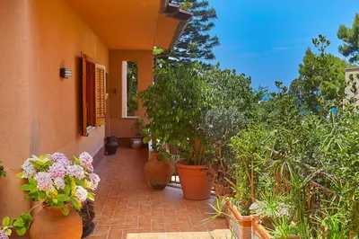 a walkway with potted plants on the side of a building at Villa nel verde sul mare, Mondello, Palermo in Palermo