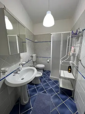 a bathroom with a sink and a toilet and a shower at Lisetta's house in Monreale
