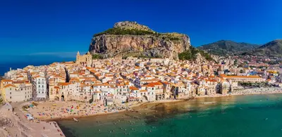 an aerial view of a town on a beach at B&B Siciliò in Santa Flavia