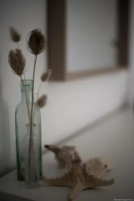 a glass vase with flowers and a starfish on a table at Casa Martini Mondello in Palermo