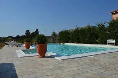 a swimming pool with potted plants on a patio at Piano del Re rooms in Partinico