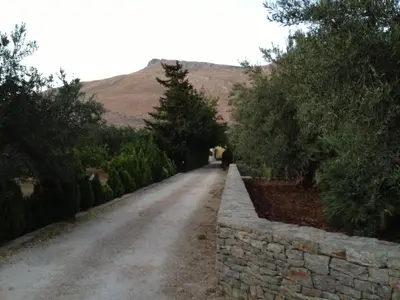 a dirt road with a stone wall and trees at La Giara San Vito Lo Capo in Castelluzzo