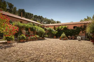 a courtyard with potted plants and flowers at Masseria Pernice in Monreale