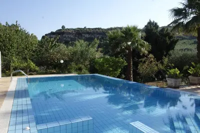 a swimming pool in a villa with palm trees at Egesta, villa with private pool in Calatafimi