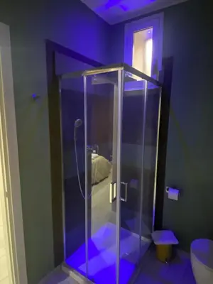 a bathroom with a glass shower with a toilet at Palazzo Liberty in Monreale