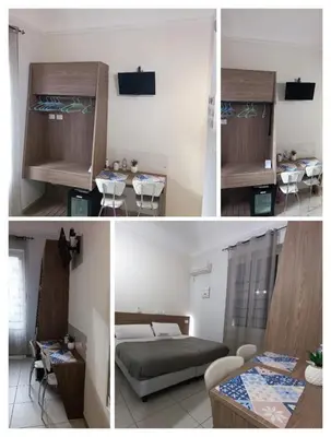three pictures of a bedroom with a bed and a table at B&B AMISTANZA in Palermo