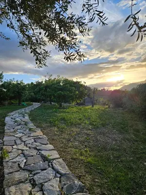 a stone path in a field with the sunset in the background at Villa del Carrubo a due passi dal mare di Cefalù in Collesano