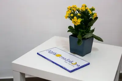 a kitchen with white cabinets and a table with a yellow chair at Agghiorna&skura house in Palermo