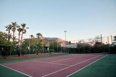 a tennis court with palm trees in the background at Villa a 300 Mt. dal Mare (Magaggiari) con campo da tennis in Cinisi